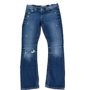 BKE Payton Bootcut Jeans Womens 31L Blue Distressed Stretch Denim Buckle